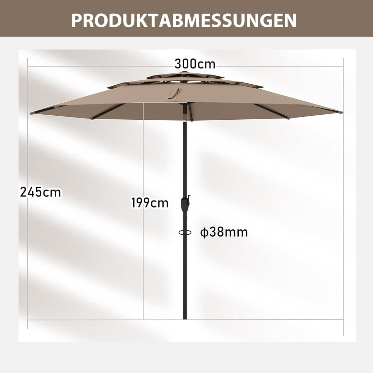 3-Tier Patio Umbrella, 300cm, Wind-Resistant, Brown