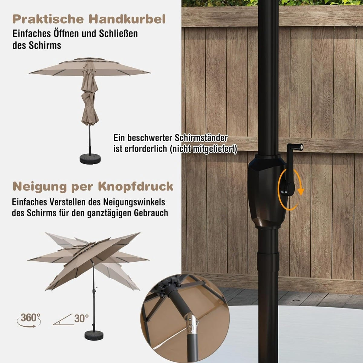 3-Tier Patio Umbrella, 300cm, Wind-Resistant, Brown