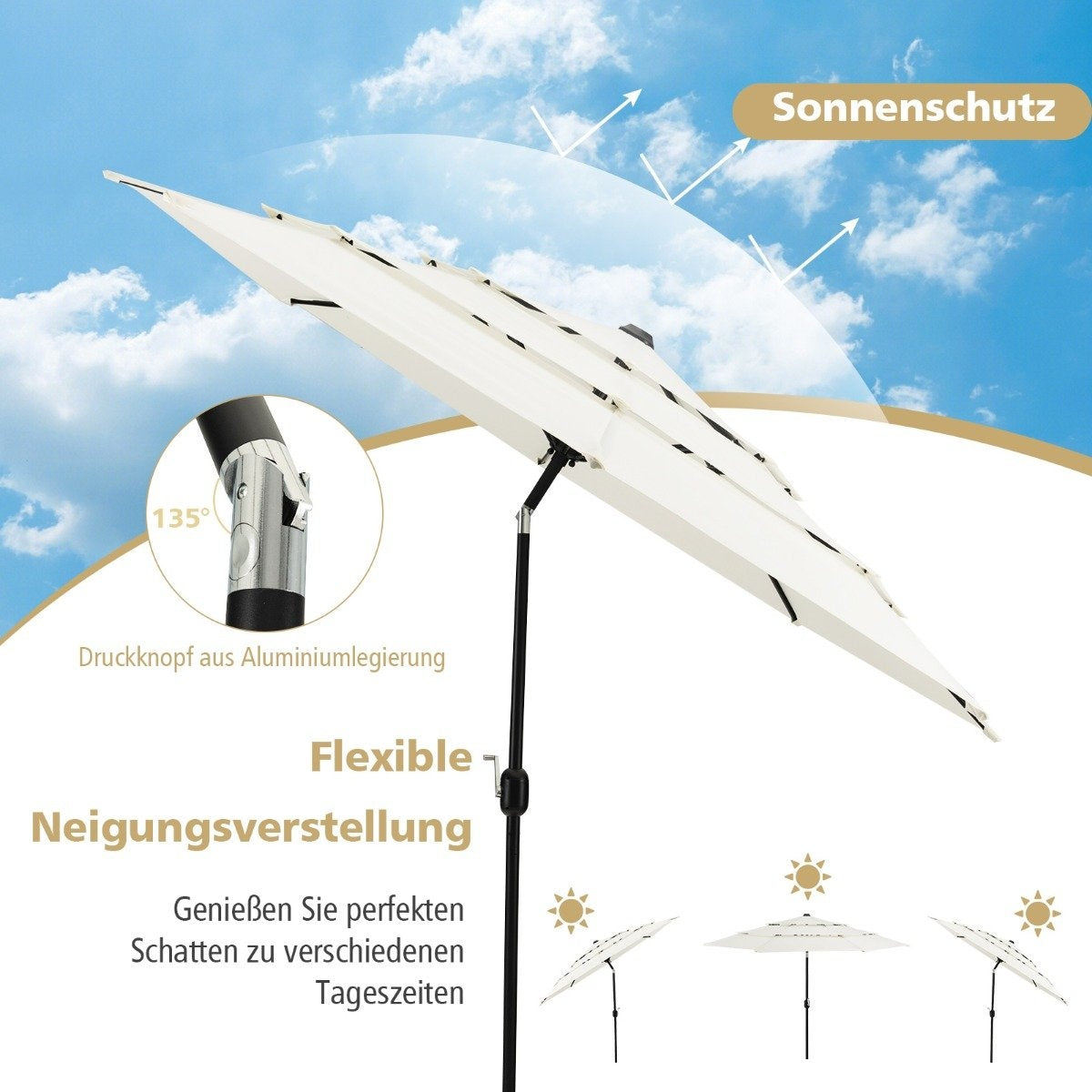 3-Tier Patio Umbrella, Double Vent, 306x306x252 cm, Beige
