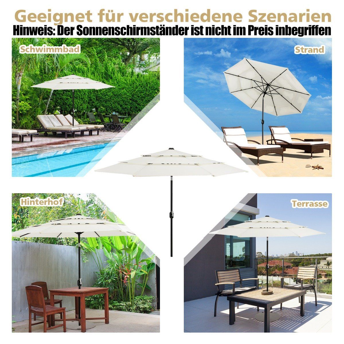 3-Tier Patio Umbrella, Double Vent, 306x306x252 cm, Beige