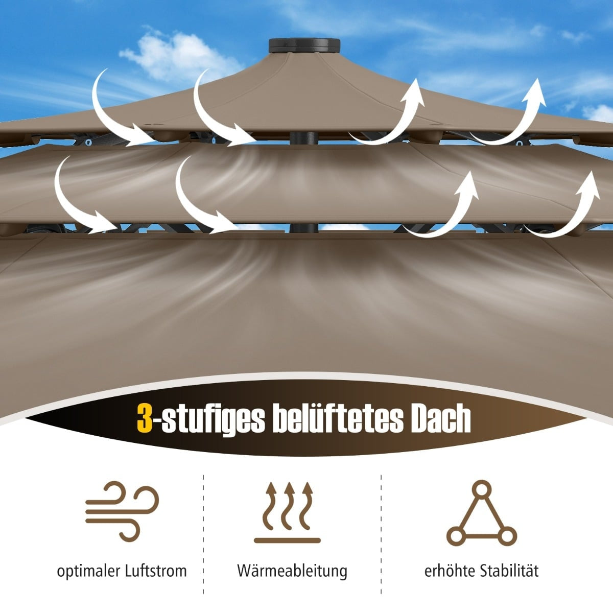 3-Tier Patio Umbrella, Solar LED, Crank Tilt, Brown