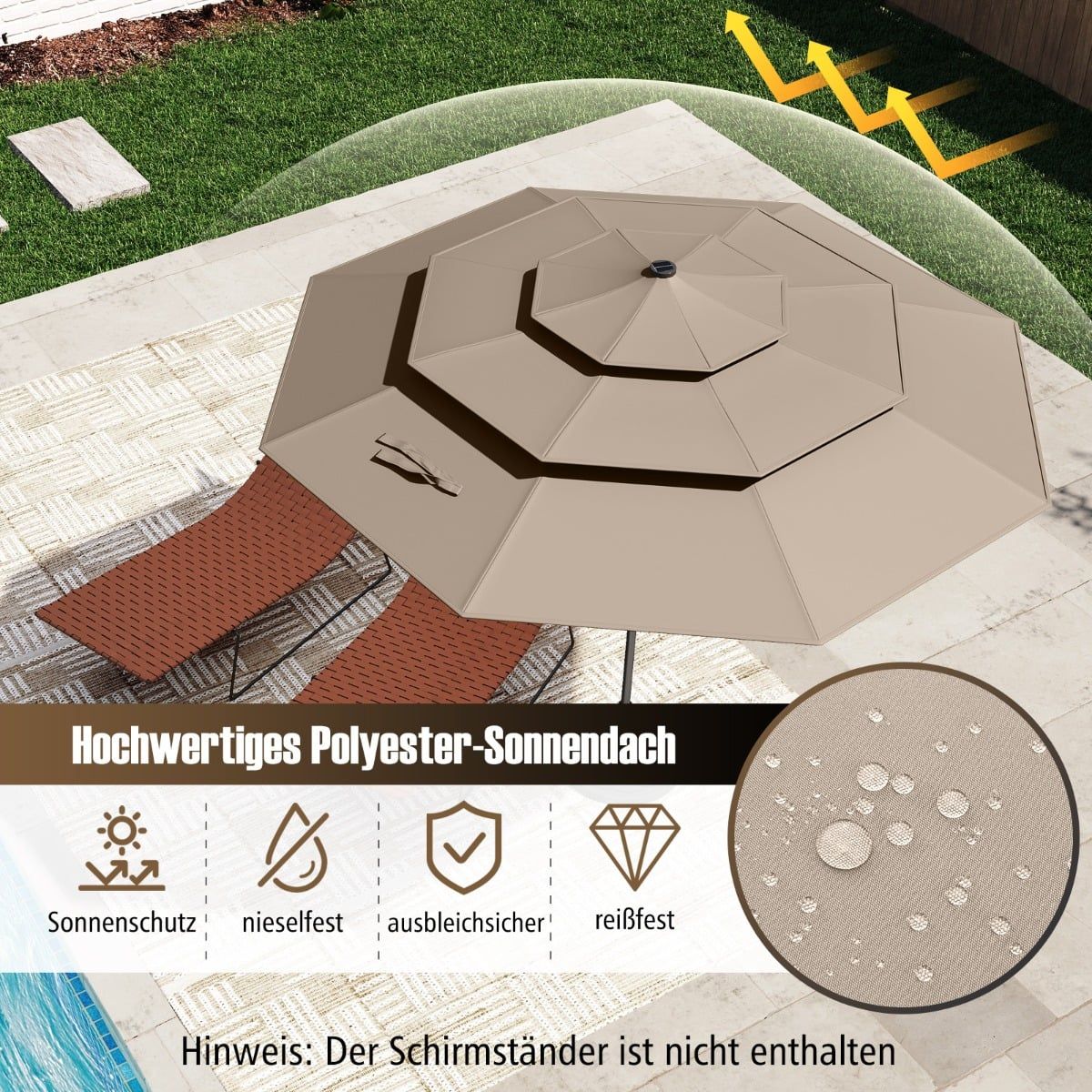 3-Tier Patio Umbrella, Solar LED, Crank Tilt, Brown