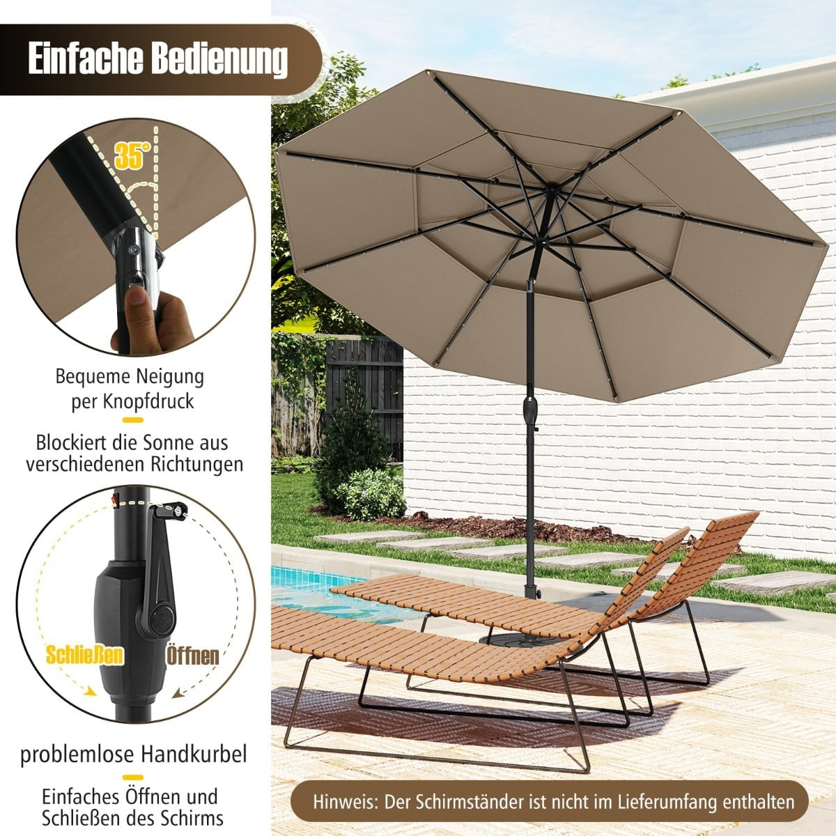 3-Tier Patio Umbrella, Solar LED, Crank Tilt, Brown