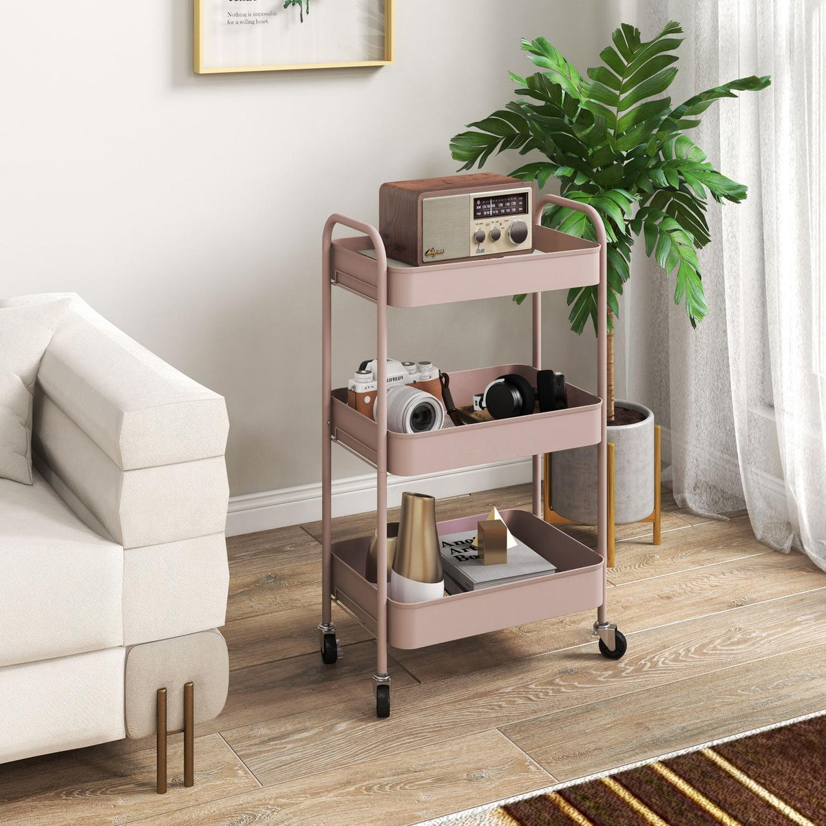 3-Tier Pink Steel Storage Cart with Wheels