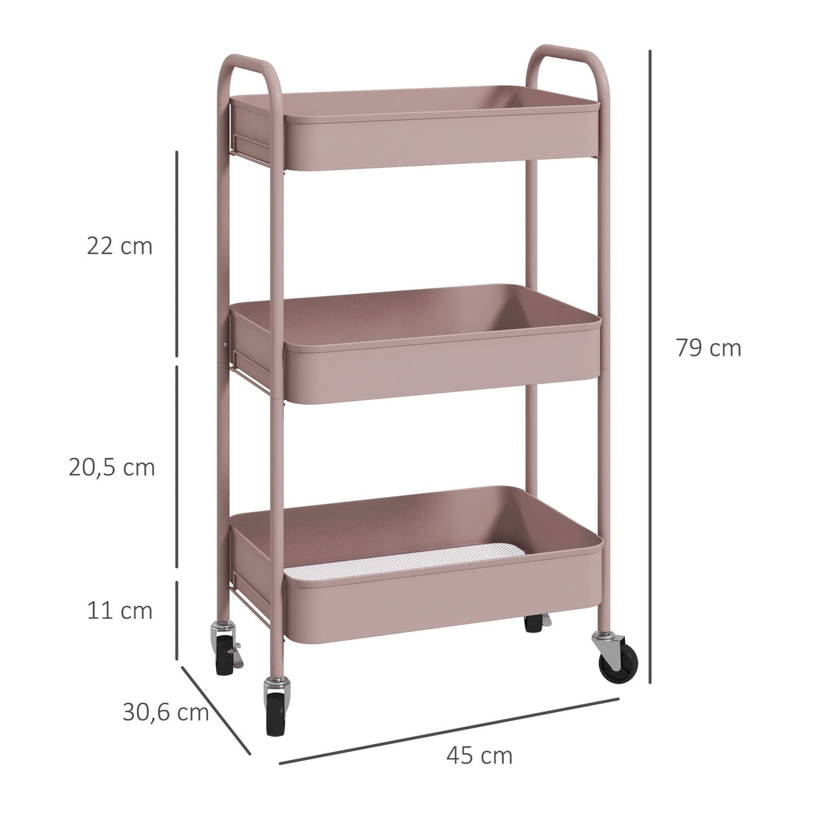 3-Tier Pink Steel Storage Cart with Wheels