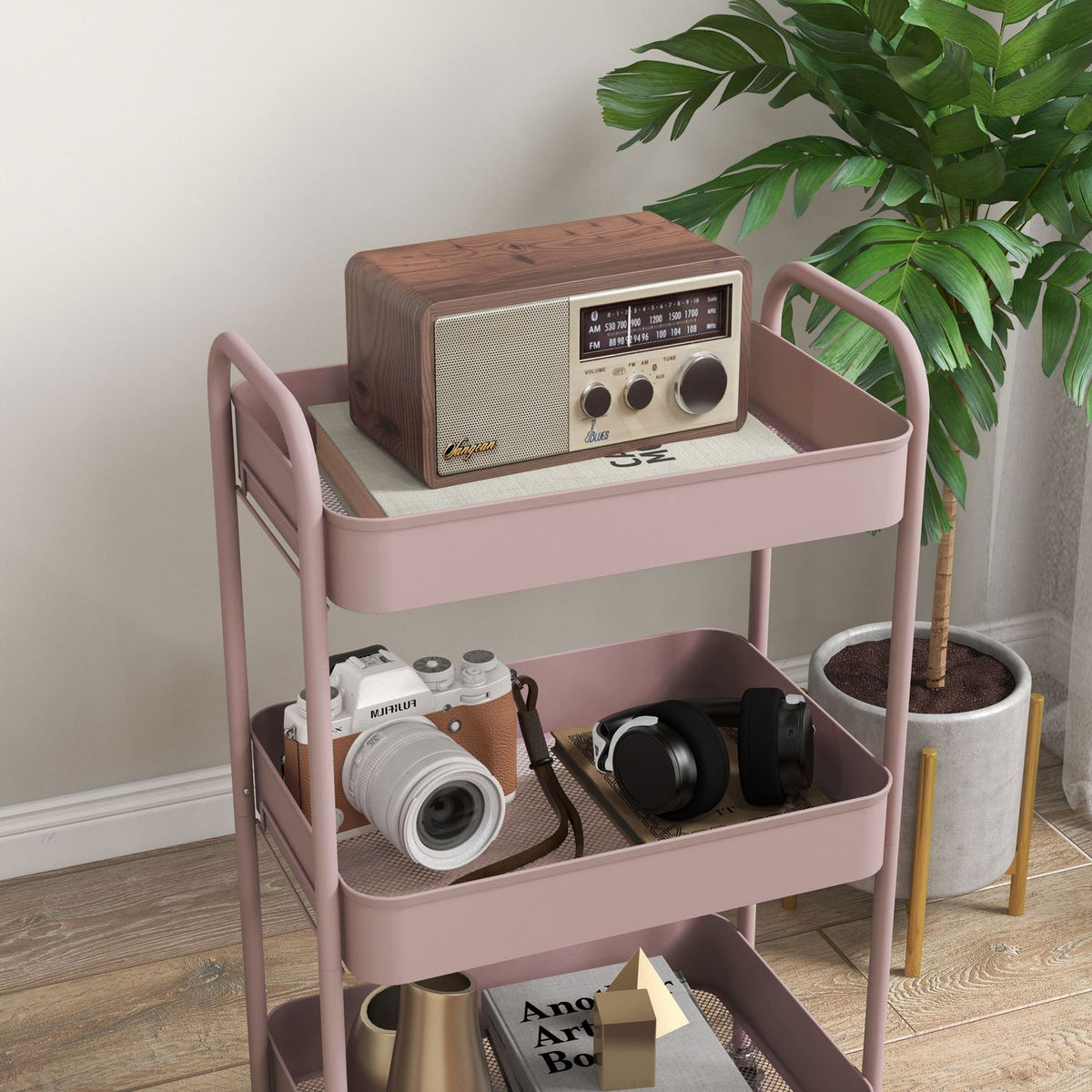3-Tier Pink Steel Storage Cart with Wheels