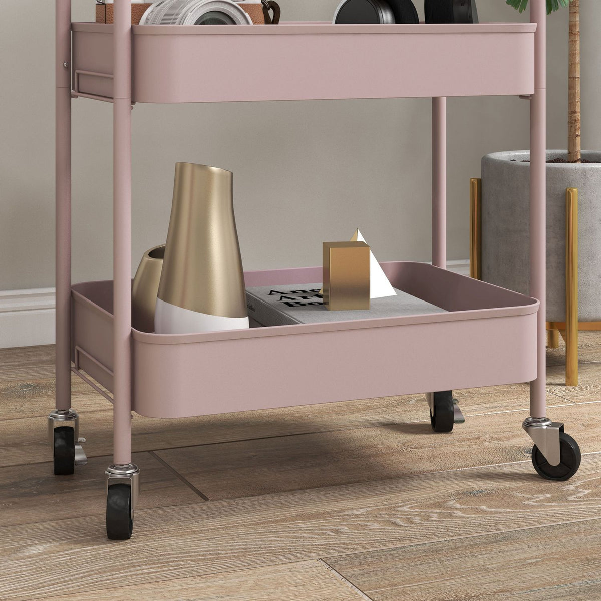 3-Tier Pink Steel Storage Cart with Wheels