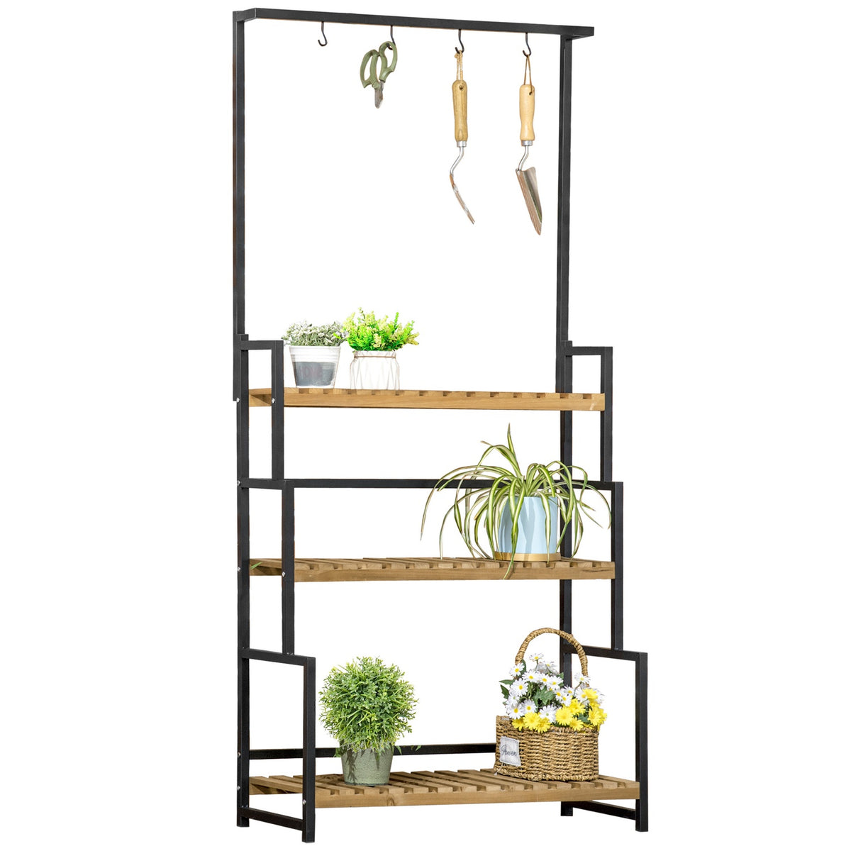 3 Tier Plant Shelf Flower Stairs With Mounting Hooks Garden Plant Stand Natural Wood 80Cm X 36Cm X 174Cm