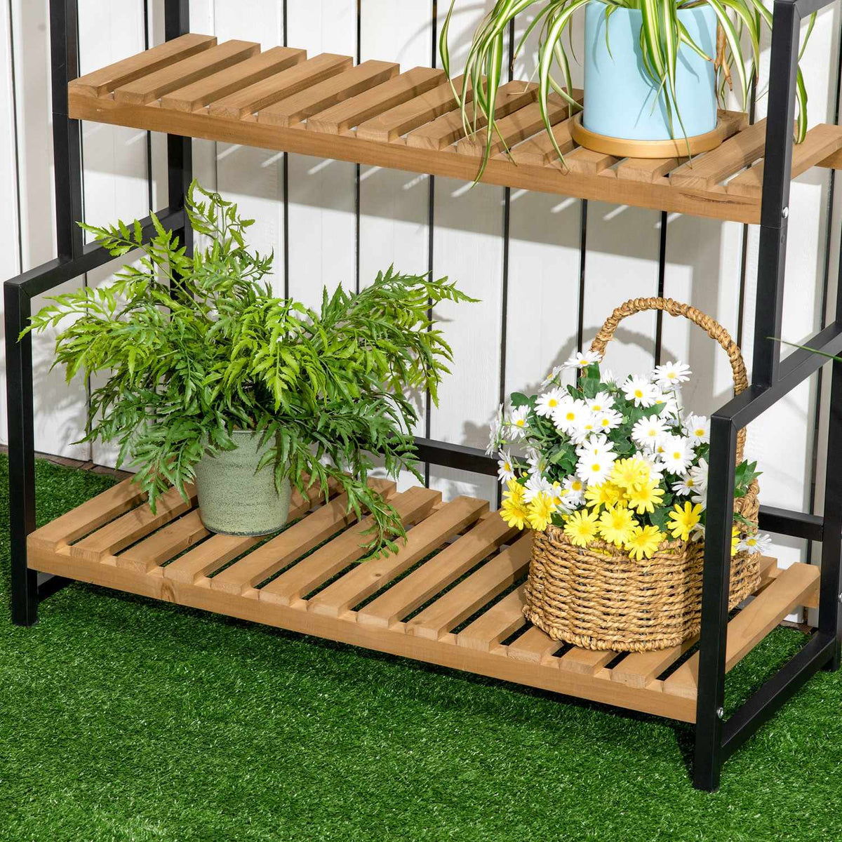 3 Tier Plant Shelf Flower Stairs With Mounting Hooks Garden Plant Stand Natural Wood 80Cm X 36Cm X 174Cm