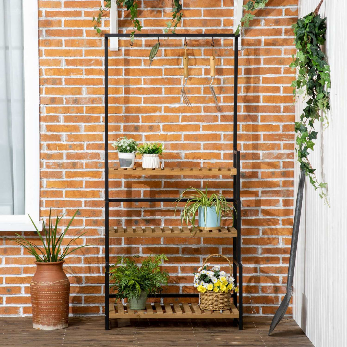 3 Tier Plant Shelf Flower Stairs With Mounting Hooks Garden Plant Stand Natural Wood 80Cm X 36Cm X 174Cm