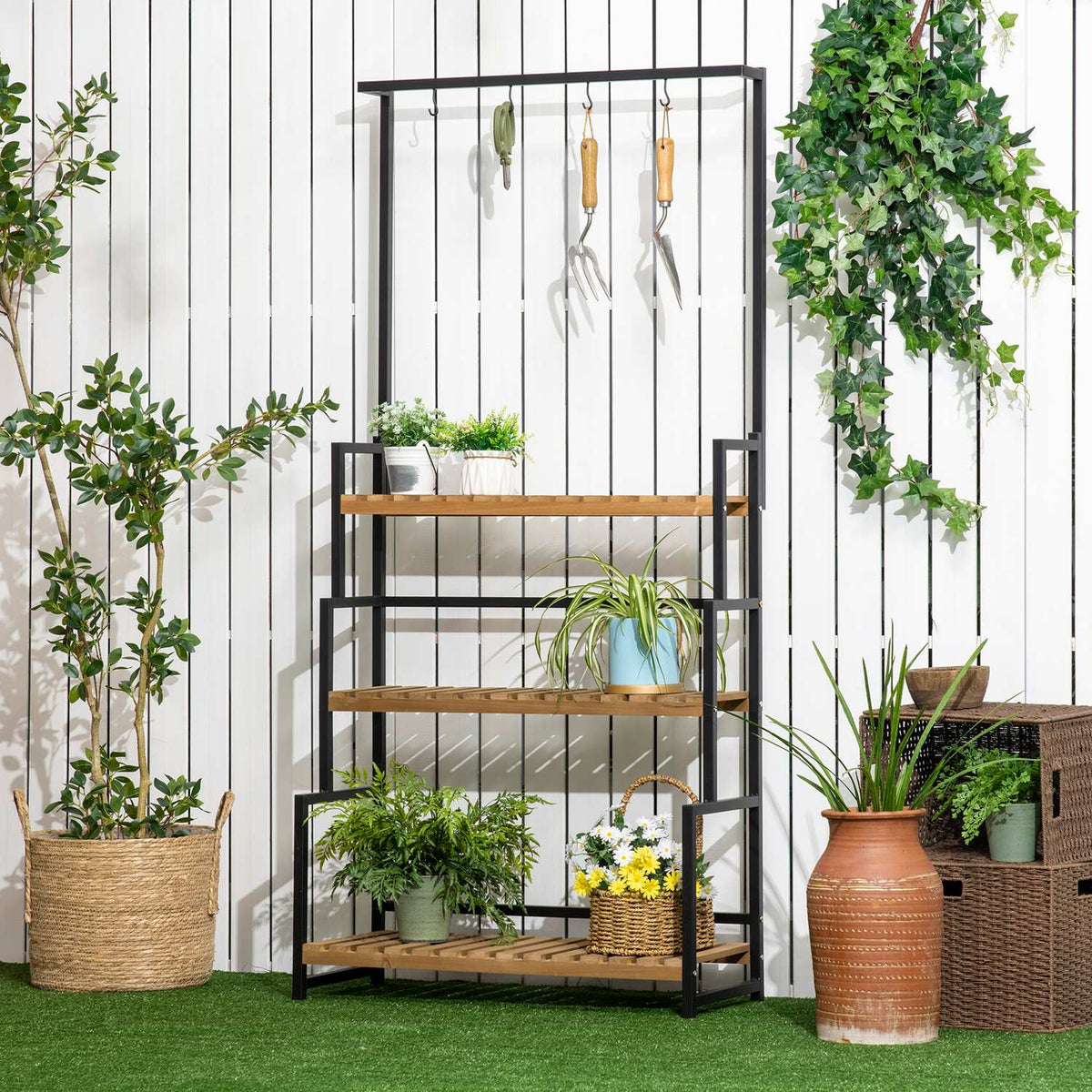 3 Tier Plant Shelf Flower Stairs With Mounting Hooks Garden Plant Stand Natural Wood 80Cm X 36Cm X 174Cm