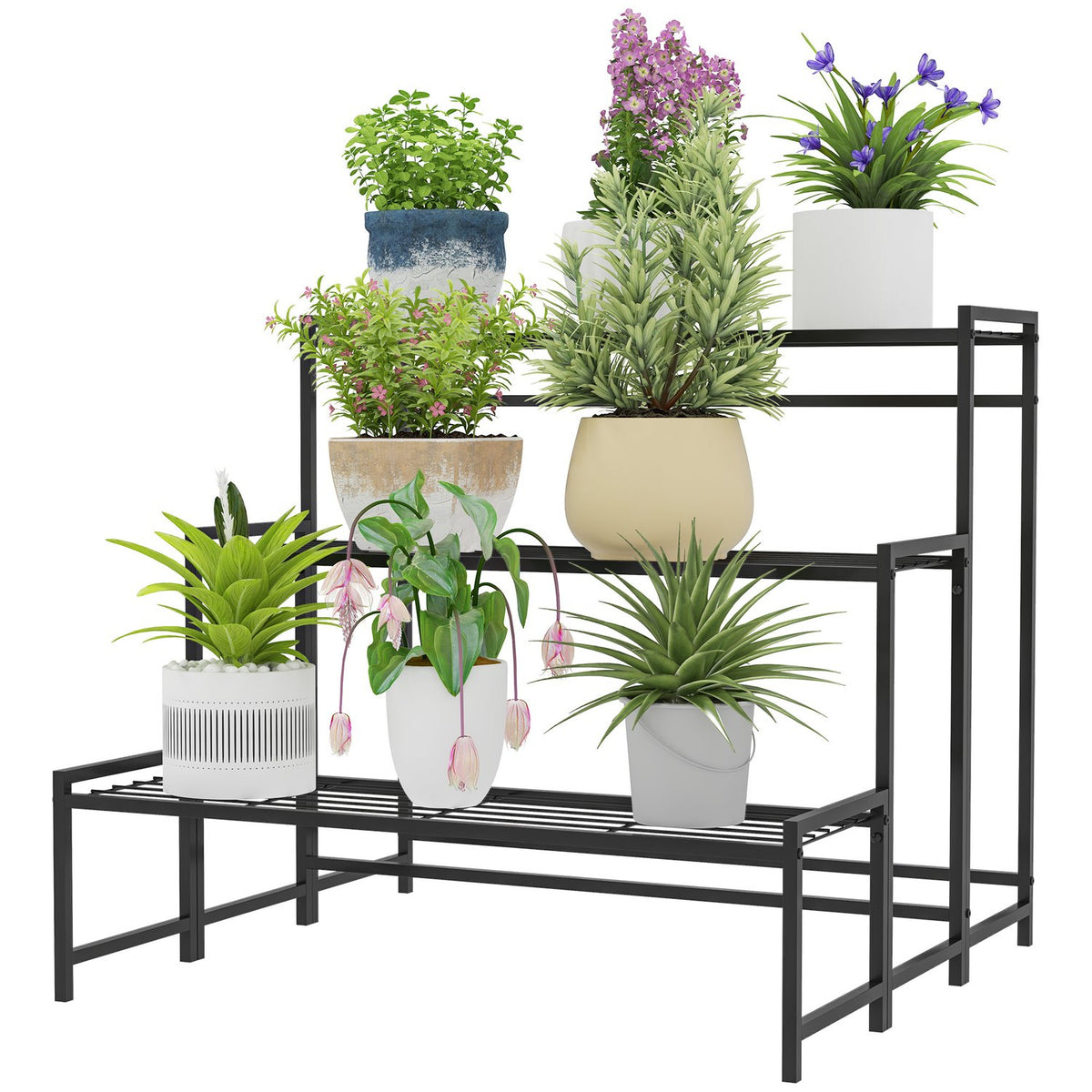 3-Tier Plant Stand, Flower Stand for Indoor Outdoor Use, Metal Plant Shelf, Multi-Tier Flower Shelf, 66 cm High Flower Stairs for Living Room, Garden Balcony Decoration, Black