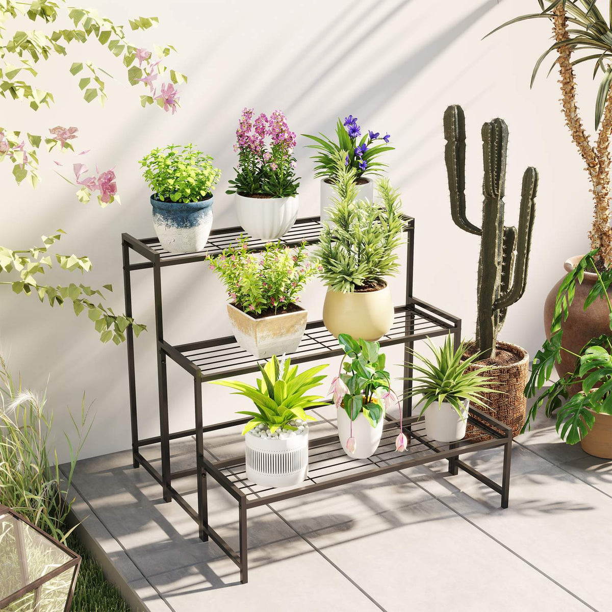 3-Tier Plant Stand, Flower Stand for Indoor Outdoor Use, Metal Plant Shelf, Multi-Tier Flower Shelf, 66 cm High Flower Stairs for Living Room, Garden Balcony Decoration, Black