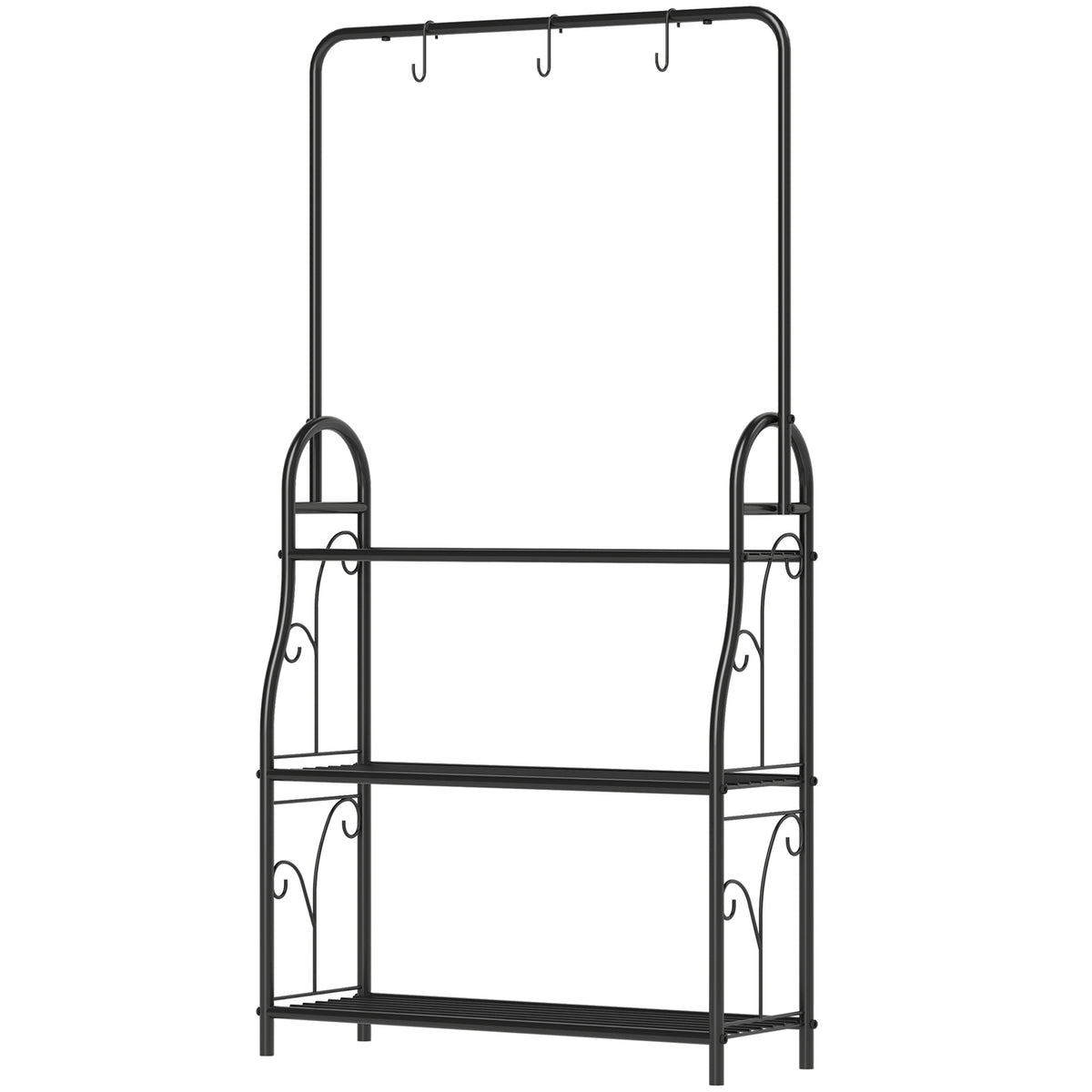 3-Tier Plant Stand with Hanging Rod, Hooks, Indoor Flower Stand, Metal Plant Shelf, Multi-Tier Flower Shelf, 137cm High Flower Stairs for Living Room, Garden Balcony, Black