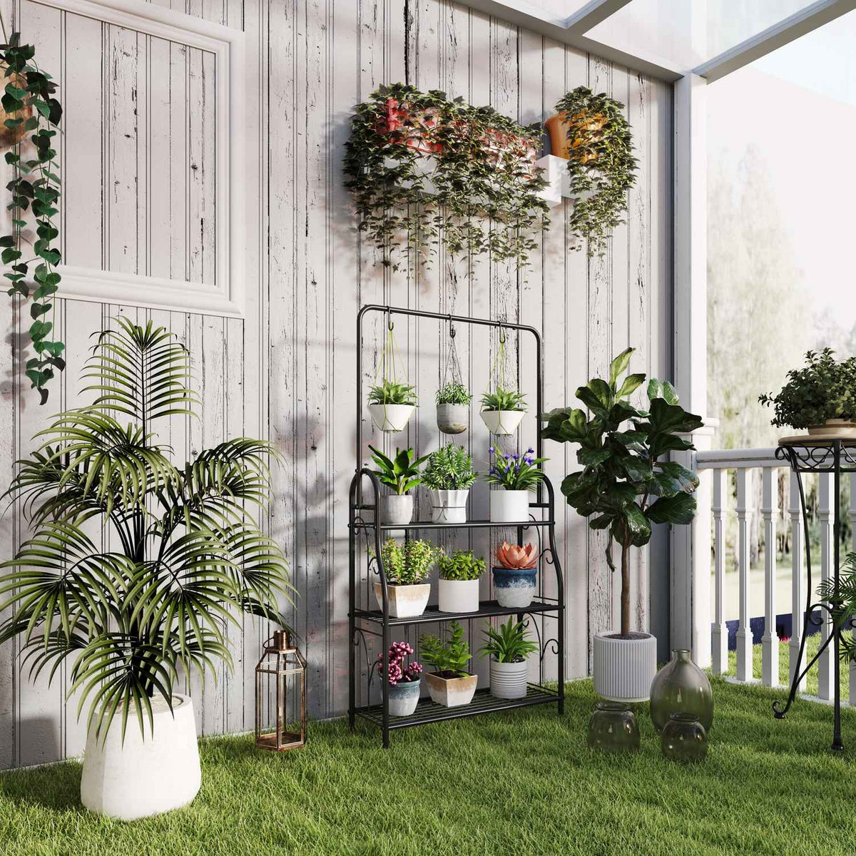 3-Tier Plant Stand with Hanging Rod, Hooks, Indoor Flower Stand, Metal Plant Shelf, Multi-Tier Flower Shelf, 137cm High Flower Stairs for Living Room, Garden Balcony, Black