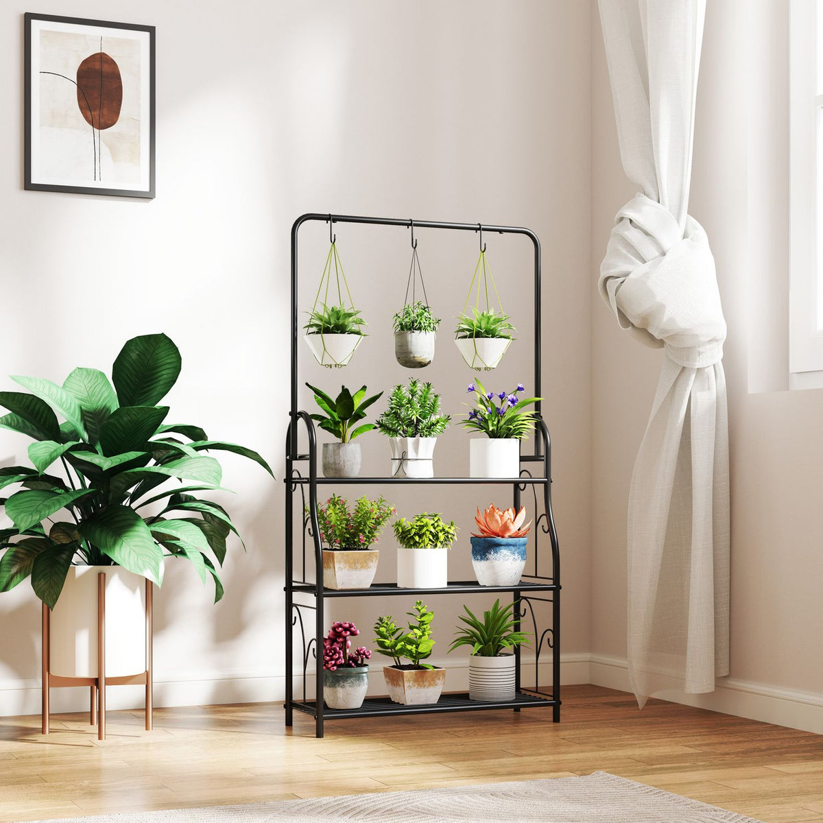 3-Tier Plant Stand with Hanging Rod, Hooks, Indoor Flower Stand, Metal Plant Shelf, Multi-Tier Flower Shelf, 137cm High Flower Stairs for Living Room, Garden Balcony, Black