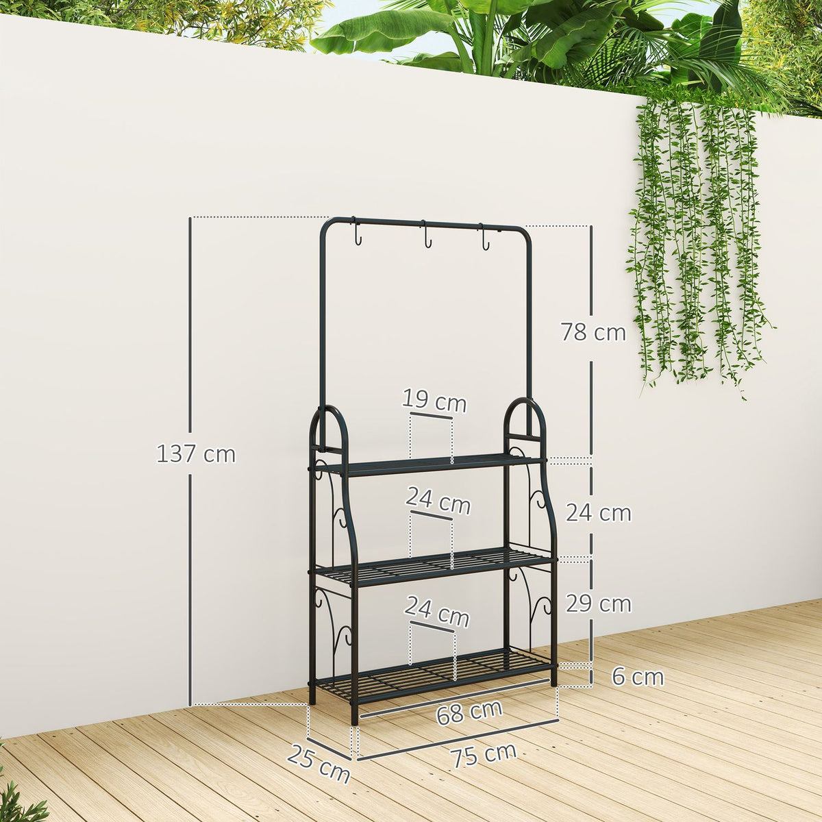 3-Tier Plant Stand with Hanging Rod, Hooks, Indoor Flower Stand, Metal Plant Shelf, Multi-Tier Flower Shelf, 137cm High Flower Stairs for Living Room, Garden Balcony, Black