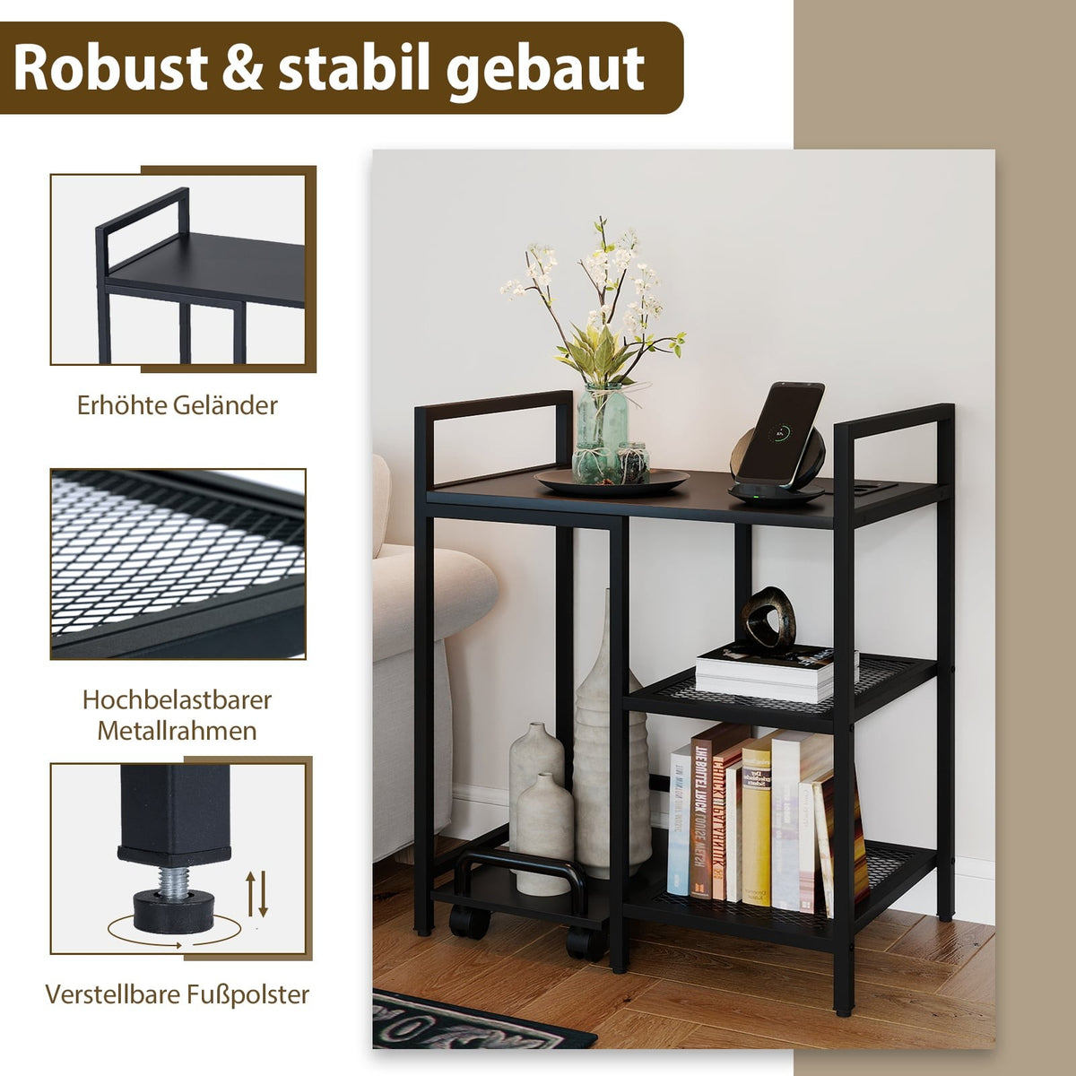 3-Tier Printer Stand with Charging Station, Black