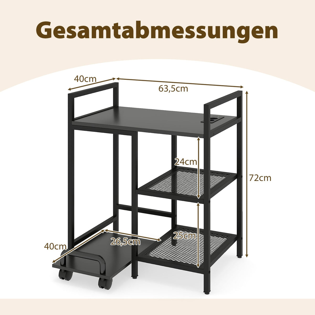 3-Tier Printer Stand with Charging Station, Black