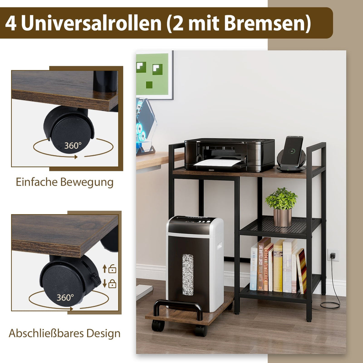 3-Tier Printer Stand with Charging Station, Rustic Brown