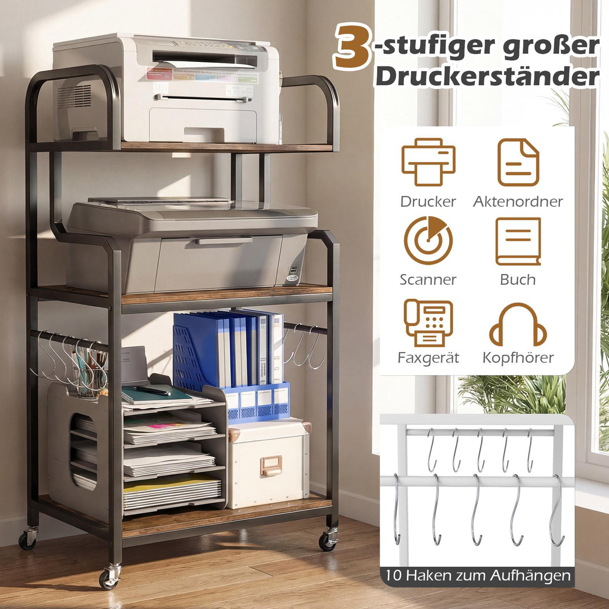 3-Tier Printer Stand with Wheels and Hooks, Brown