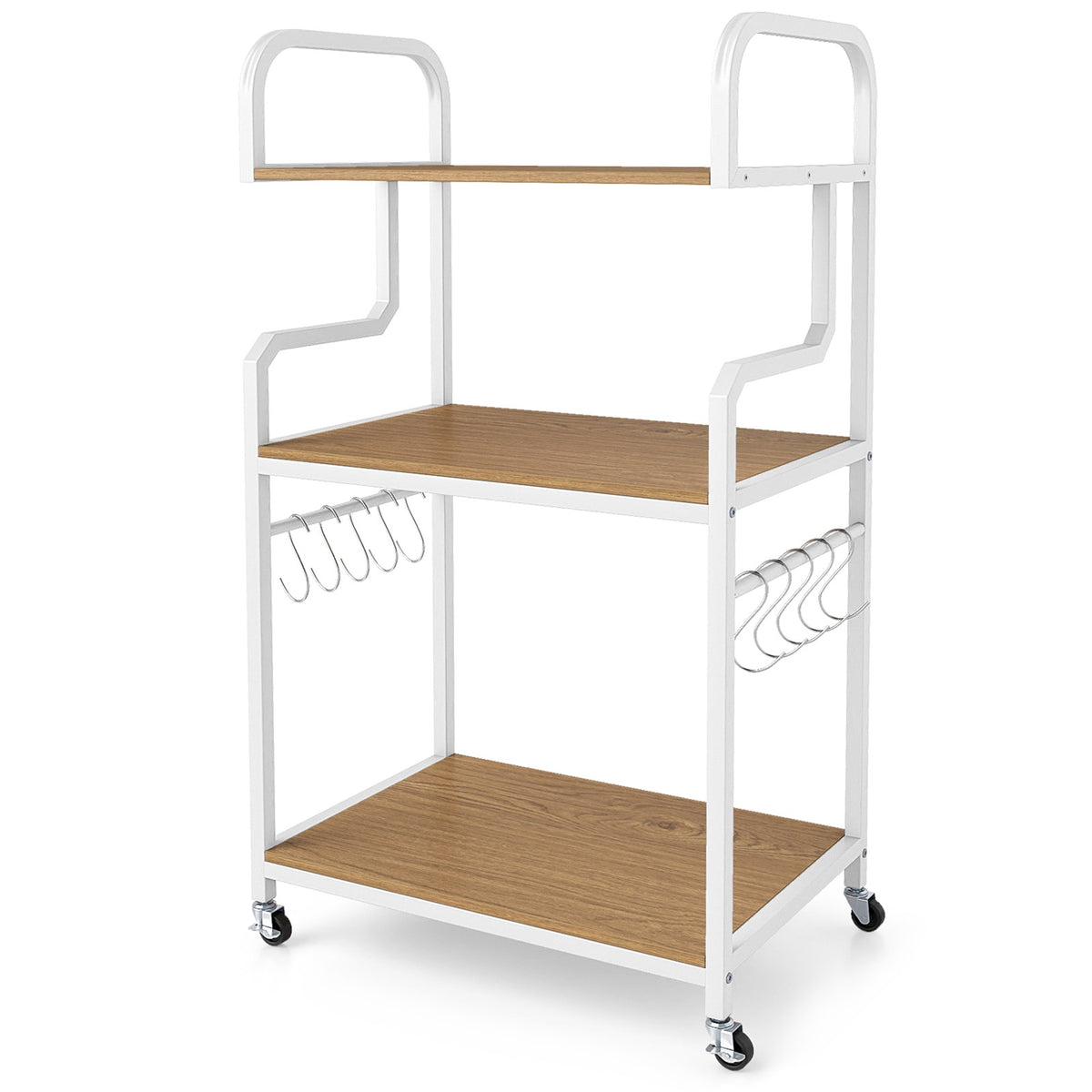 3-Tier Printer Stand with Wheels and Hooks, Natural Wood