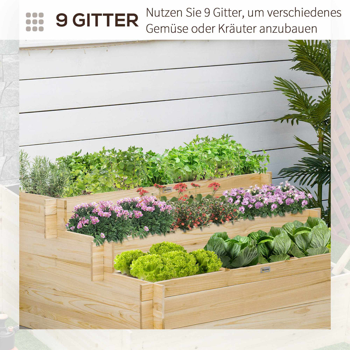 3-Tier Raised Garden Bed, Natural Wood, 117 x 100 x 54 cm