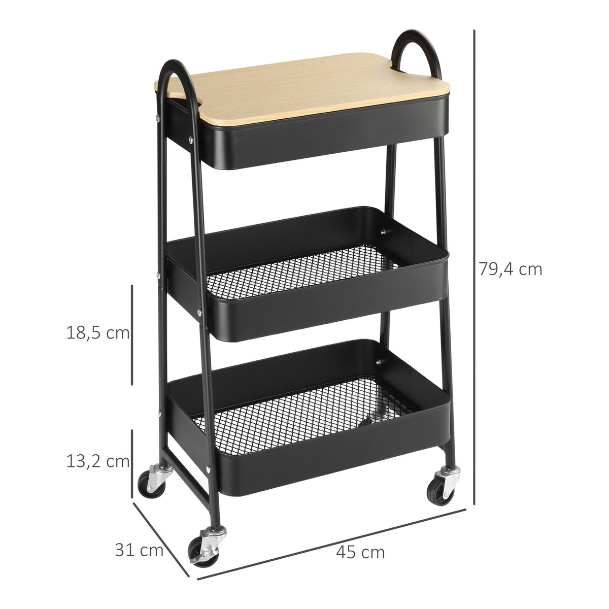 3-Tier Rolling Cart with Drawers, Steel & Plastic, Black