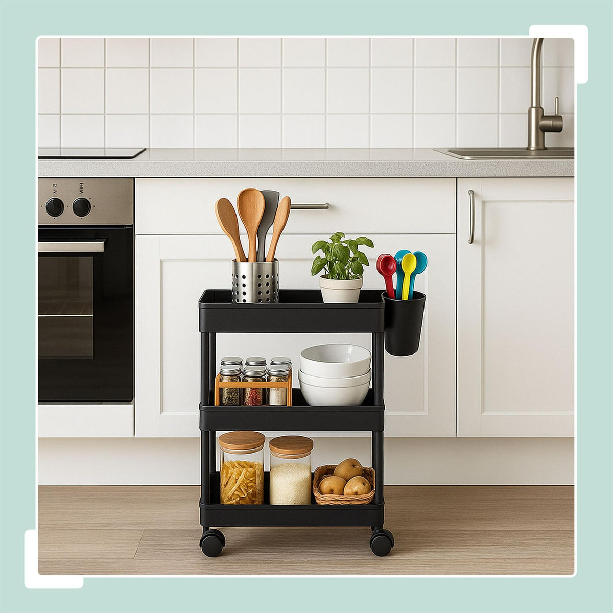 3-Tier Rolling Cart with Wheels for Kitchen & Bathroom