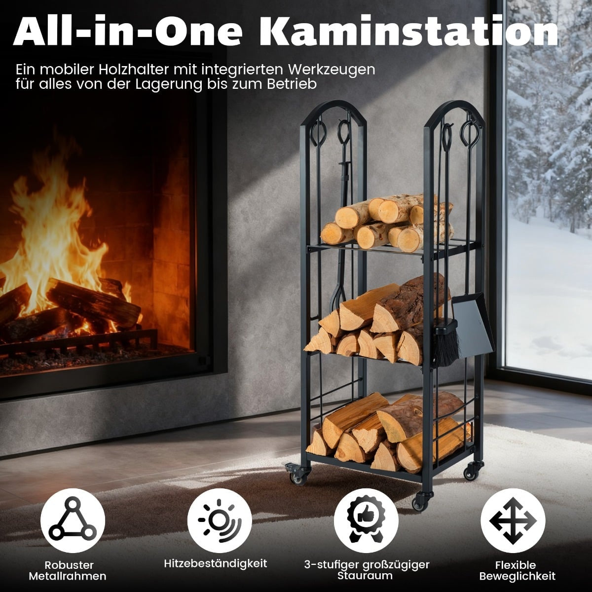 3-Tier Rolling Firewood Rack with Tools, Indoor/Outdoor