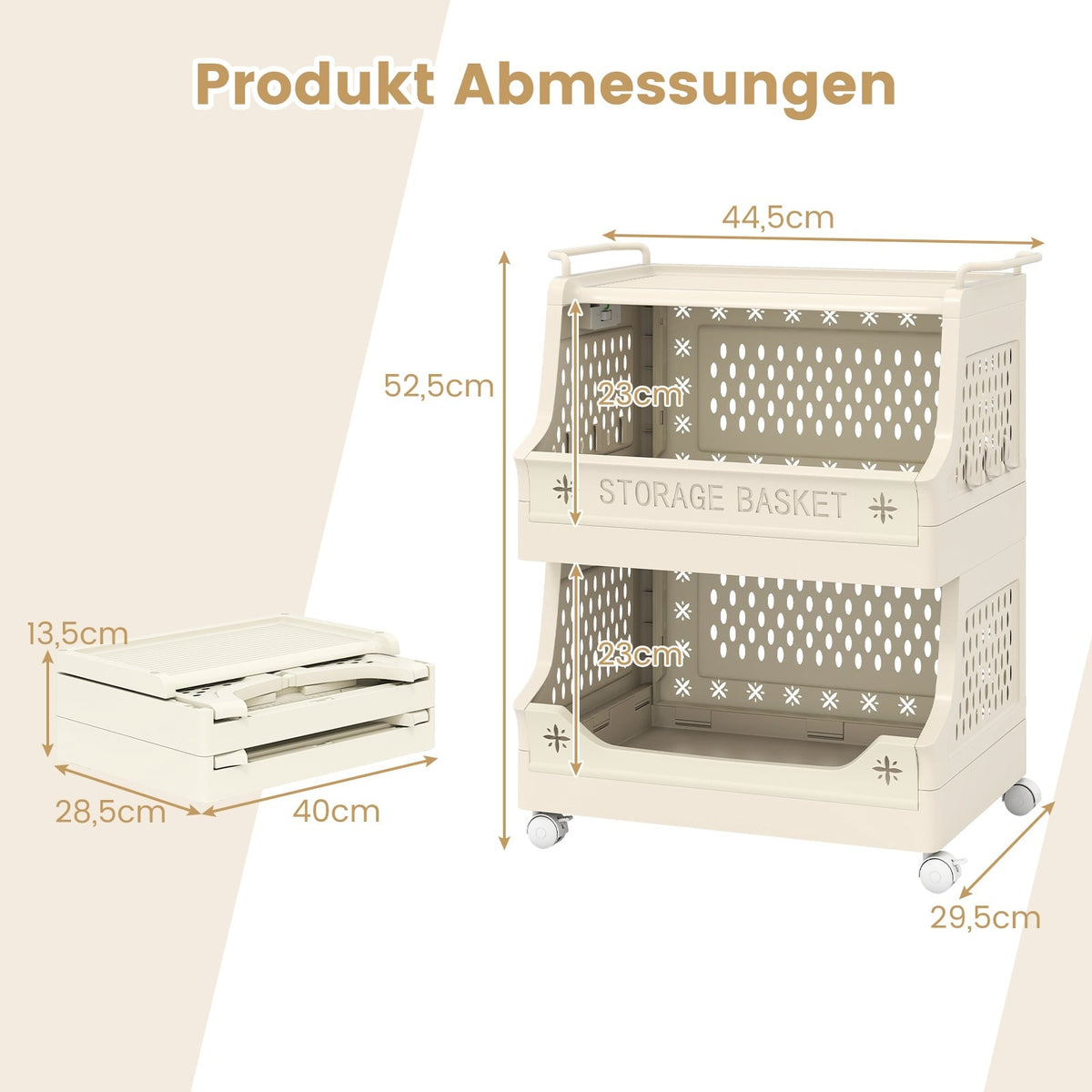 3-Tier Rolling Laundry Basket with Handles & Hooks