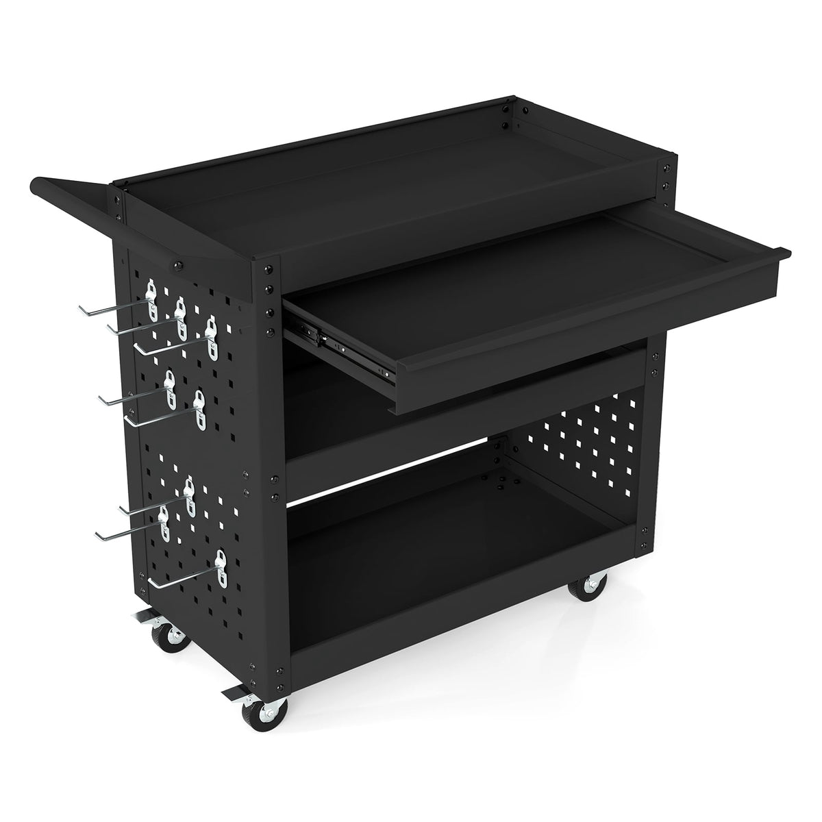 3-Tier Rolling Tool Cart with Drawer, Pegboards & Hooks