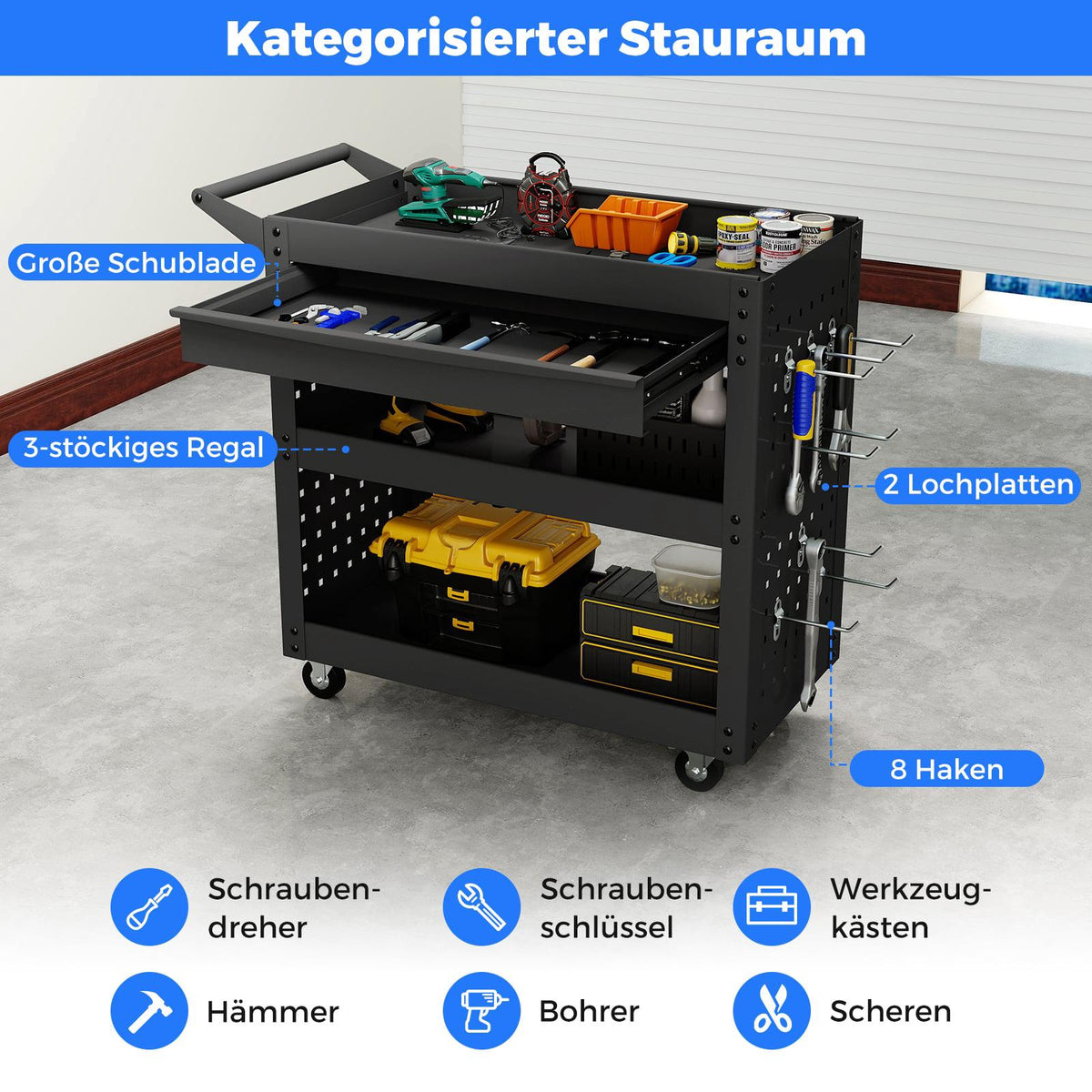 3-Tier Rolling Tool Cart with Drawer, Pegboards & Hooks