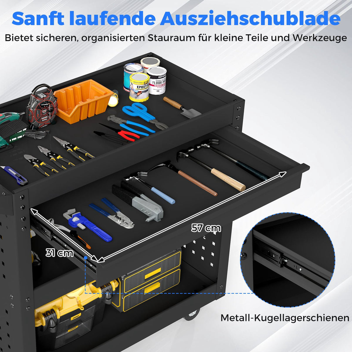 3-Tier Rolling Tool Cart with Drawer, Pegboards & Hooks