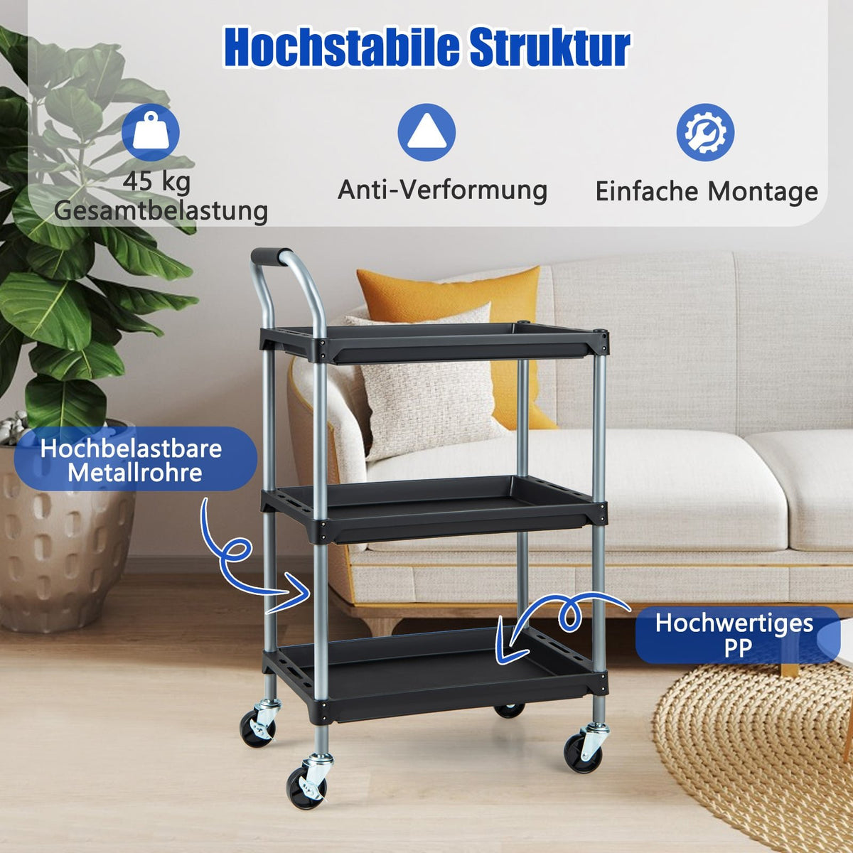 3-Tier Rolling Tool Cart with Wheels, Black, 64x40x102 cm