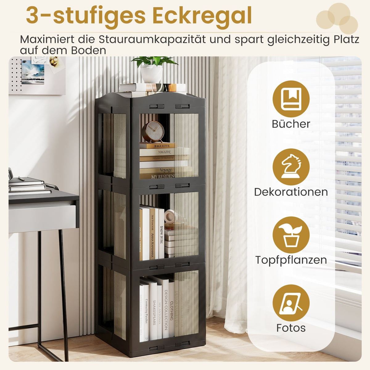 3-Tier Rotating Bookshelf, Space-Saving Corner Shelf