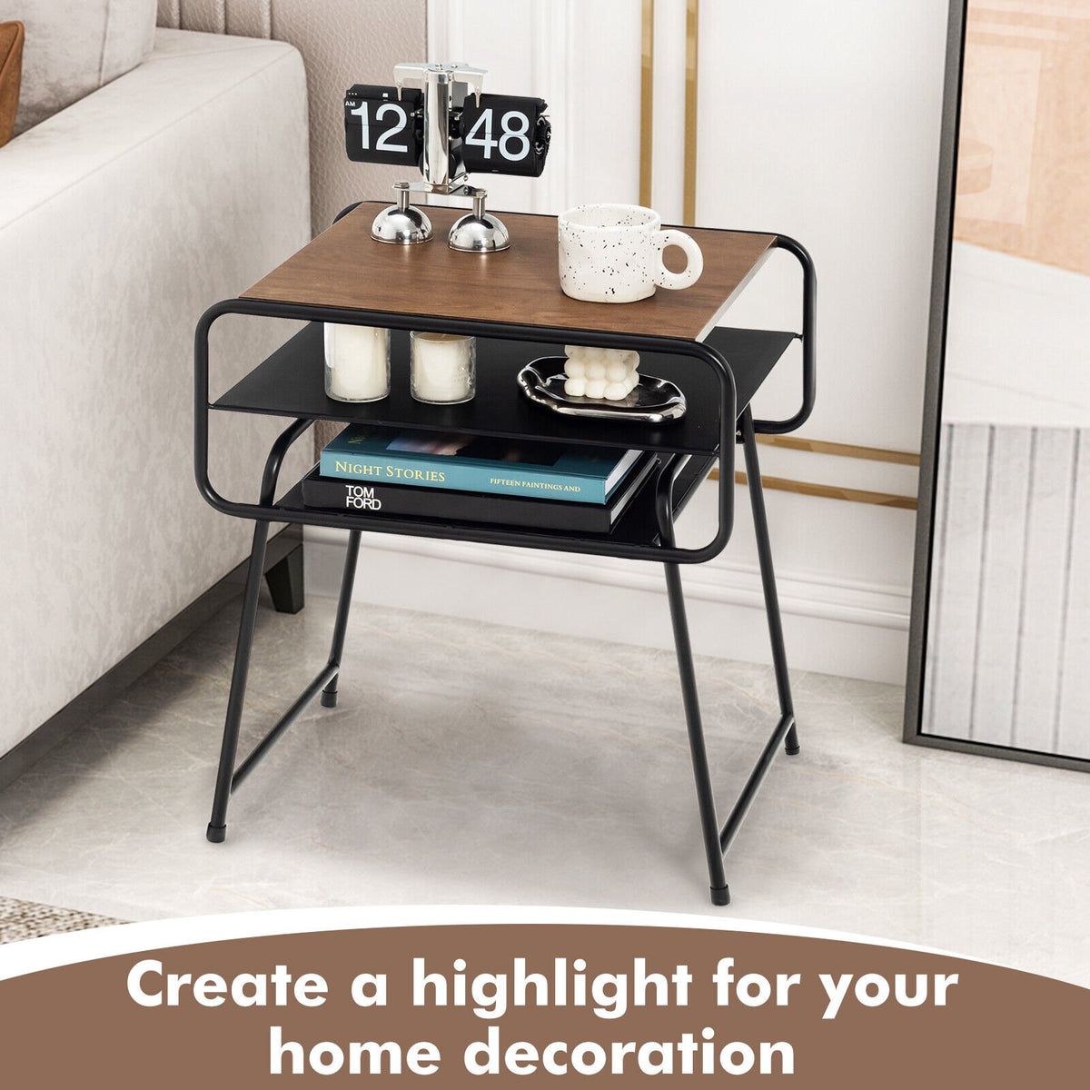 3-Tier Side Table, Storage Shelves, 20 x 16 x 22 in