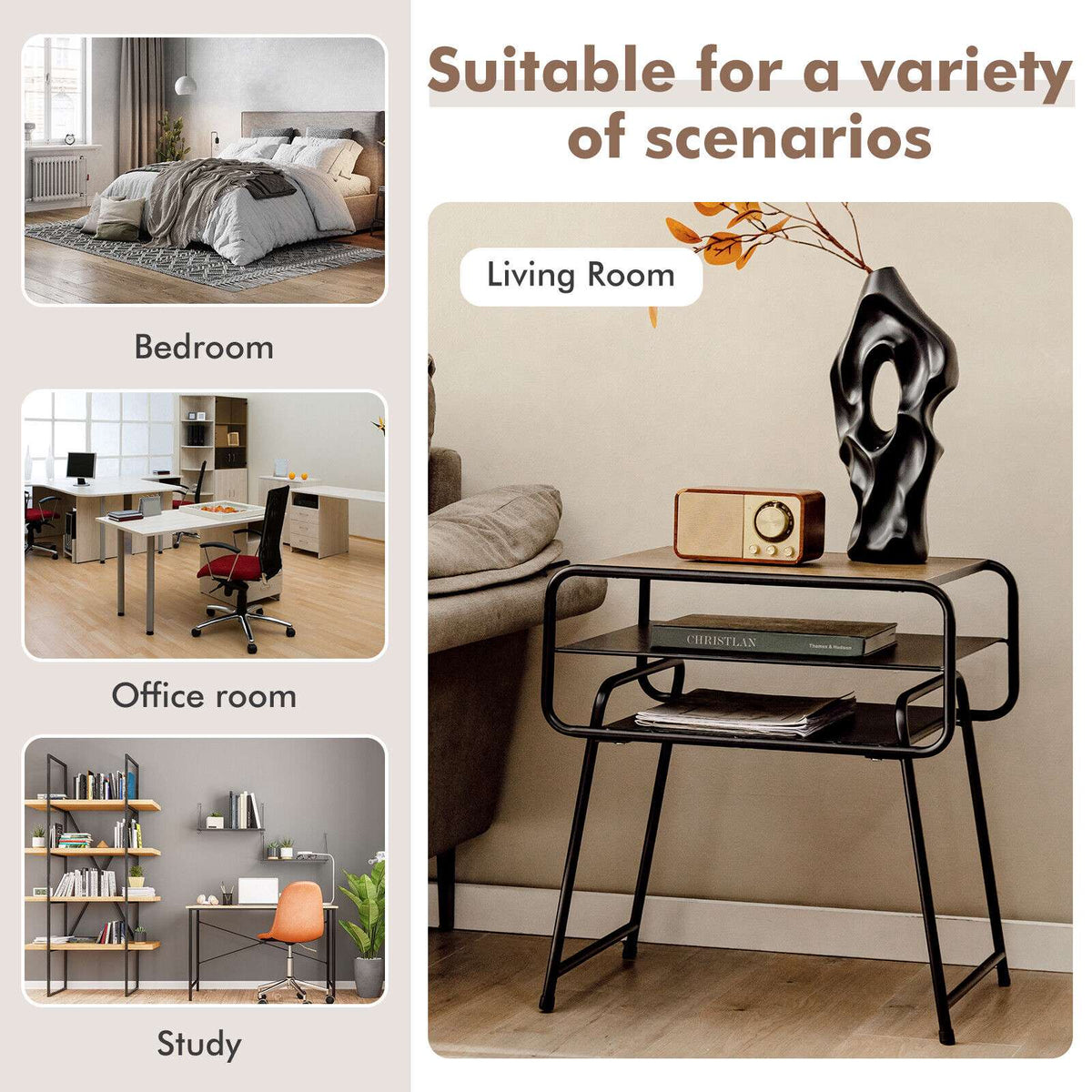 3-Tier Side Table, Storage Shelves, 20 x 16 x 22 in