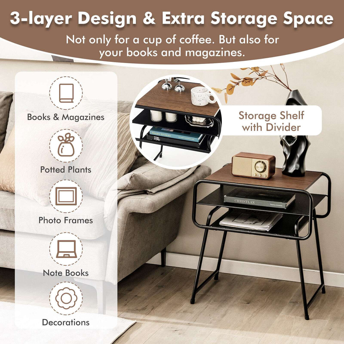 3-Tier Side Table, Storage Shelves, 20 x 16 x 22 in