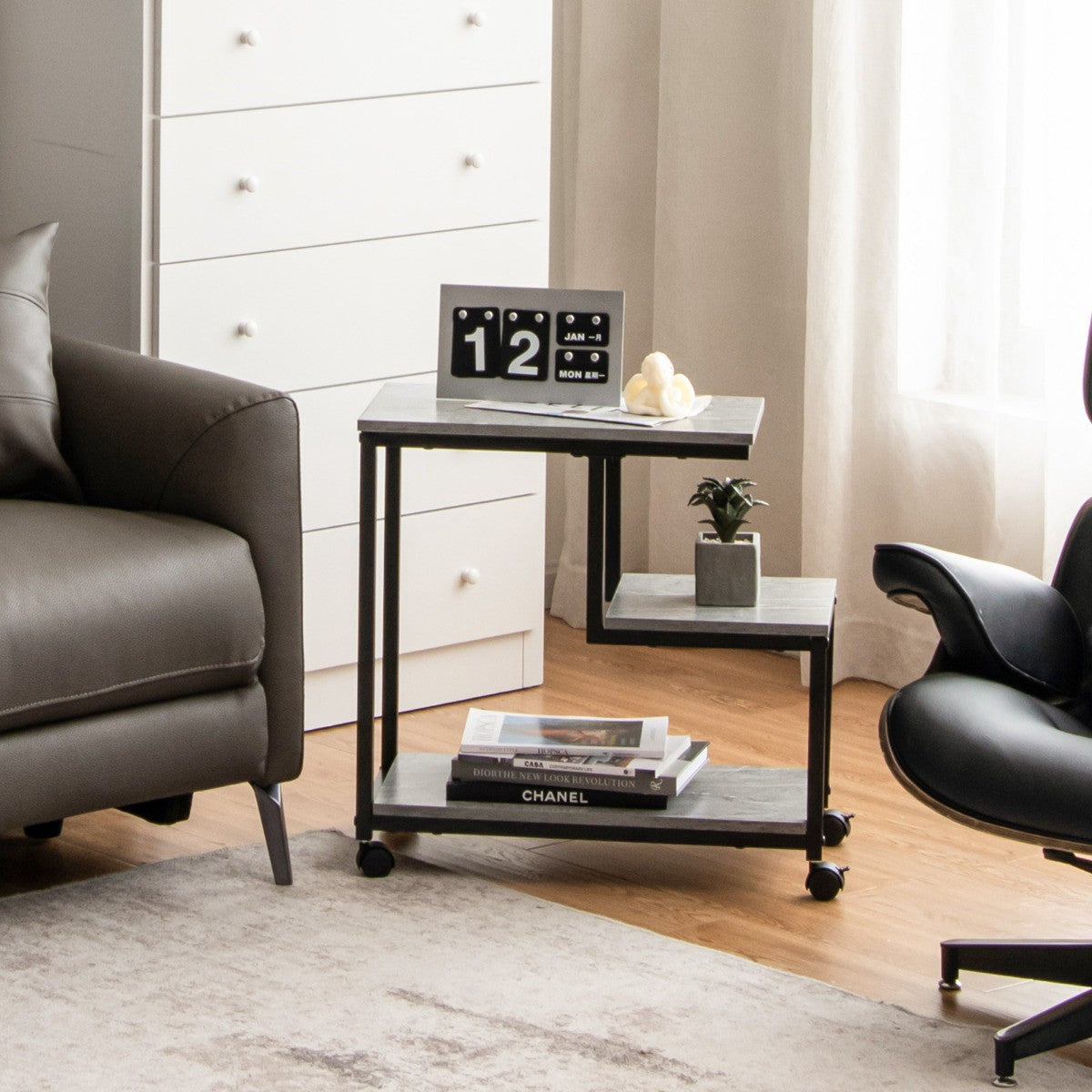 3-Tier Side Table With Casters, MDF Top, Steel Frame