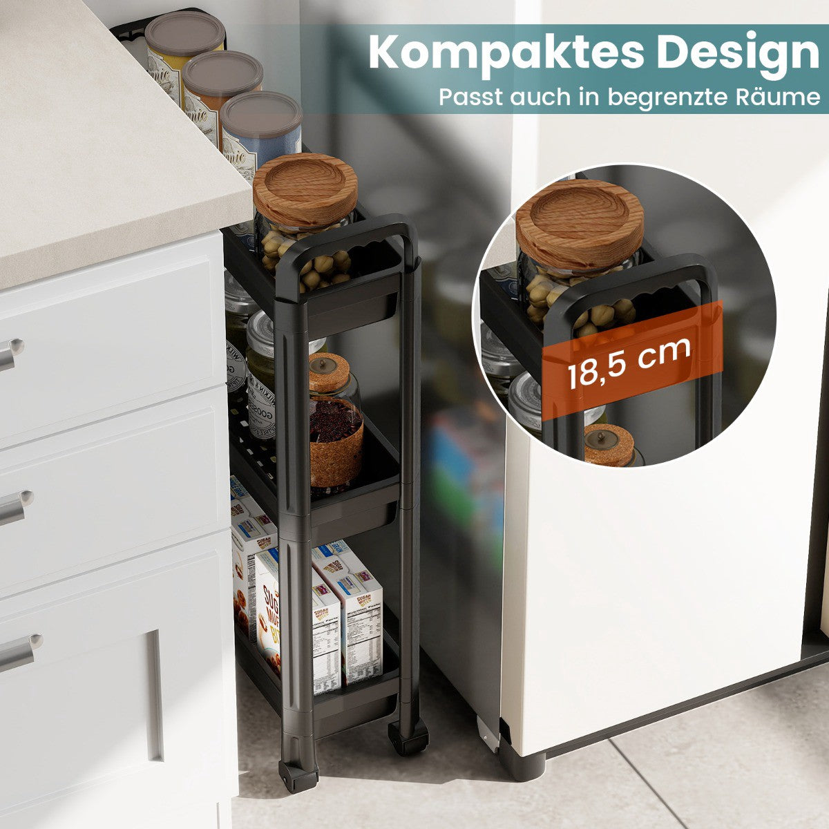 3-Tier Slim Rolling Kitchen Cart with Handles, Black