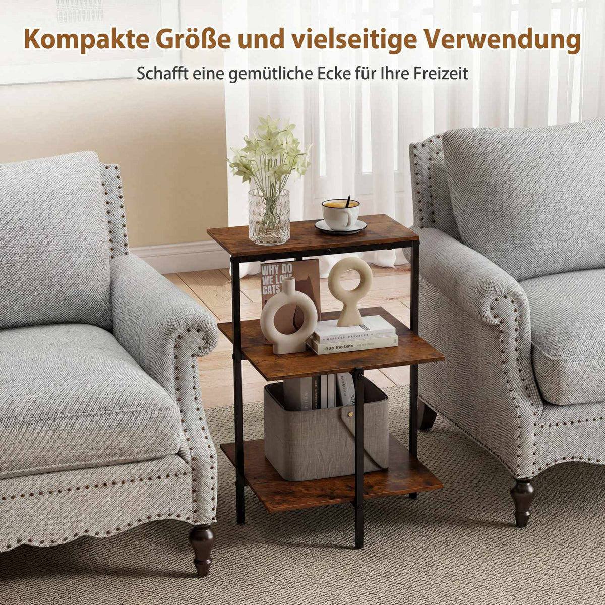 3-Tier Square End Table with Open Shelves, Rustic Brown