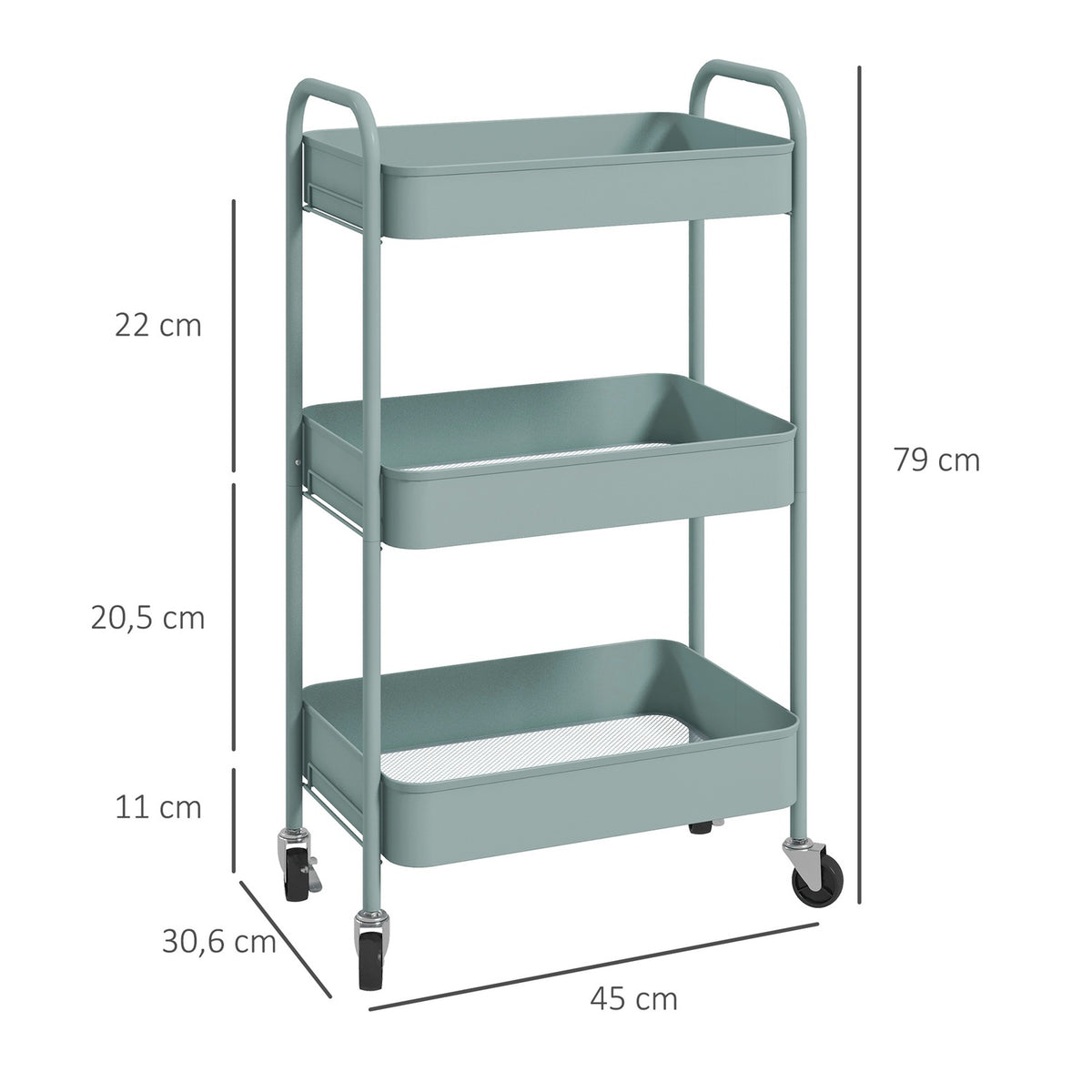 3-Tier Steel Storage Cart with Wheels, Light Blue