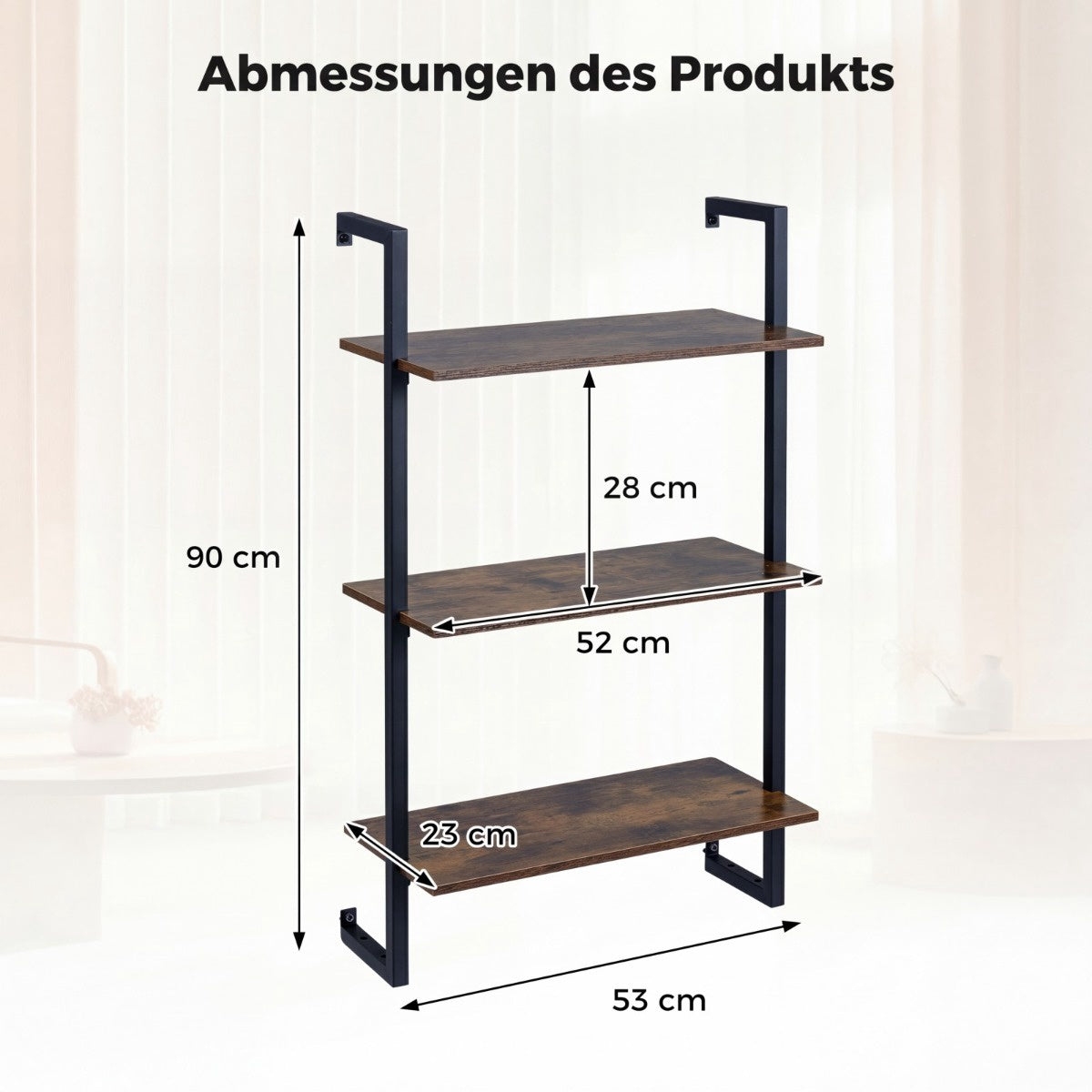 3-Tier Wall Shelf with Metal Frame – Rustic Brown
