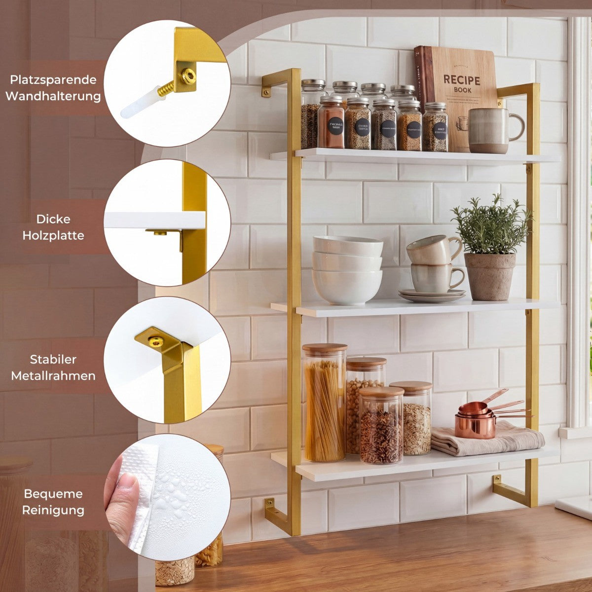 3-Tier Wall Shelf with Metal Frame – White, 53x23x90 cm