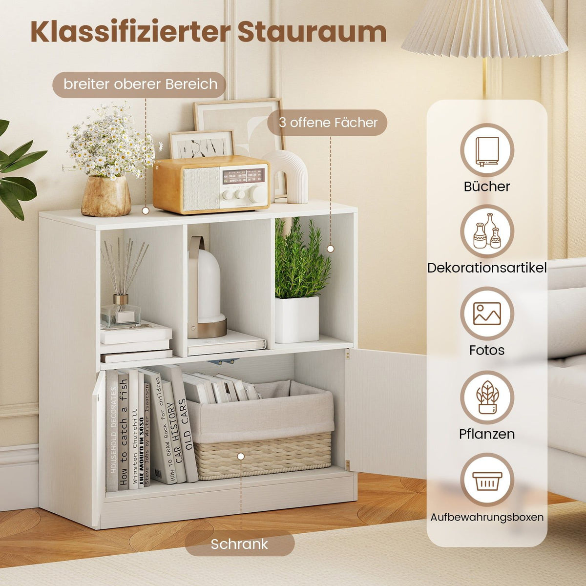 3-Tier White Bookshelf with Doors and Open Cubes