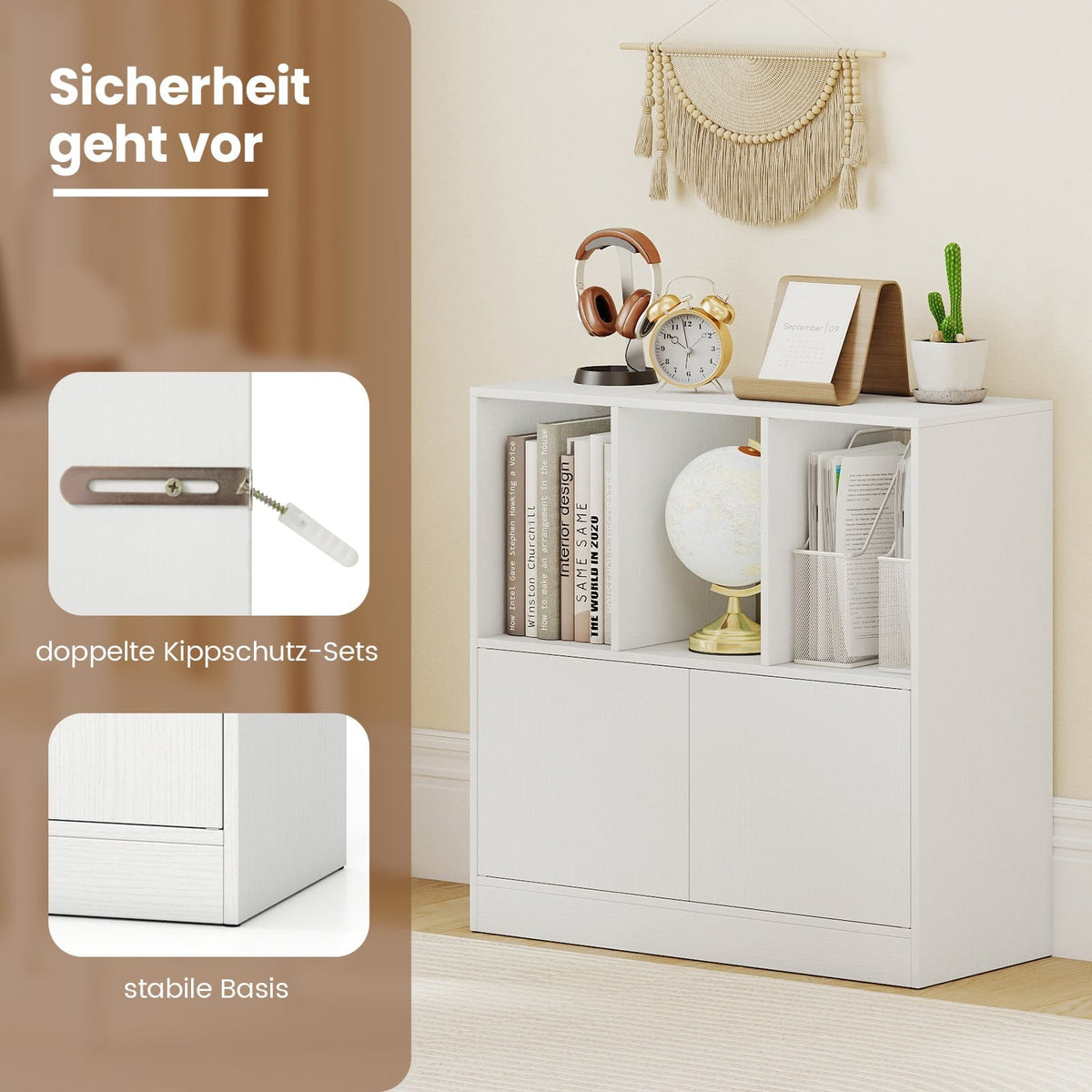 3-Tier White Bookshelf with Doors and Open Cubes
