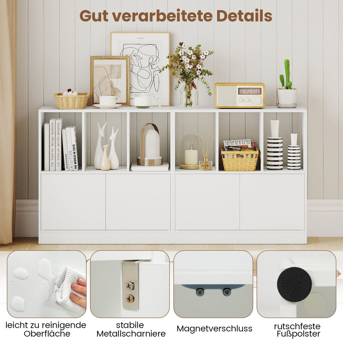 3-Tier White Bookshelf with Doors and Open Cubes