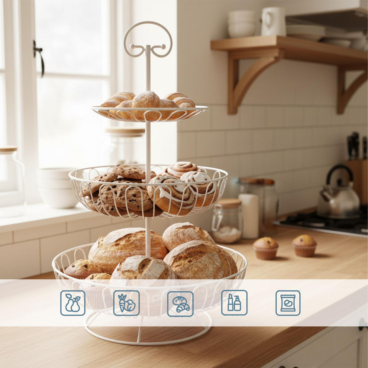 3-Tier Wire Fruit Bowl Stand – Round, Air-Circulating Design