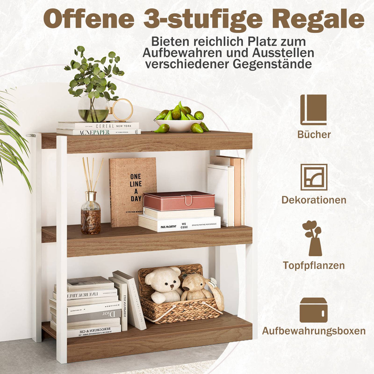 3-Tier Wooden Shelf with Anti-Tip Kits & Open Shelves